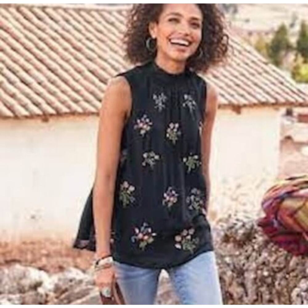SUNDANCE Blouse XS Altamira Gathered‎ High Neck Floral Embroidered Sleeveless